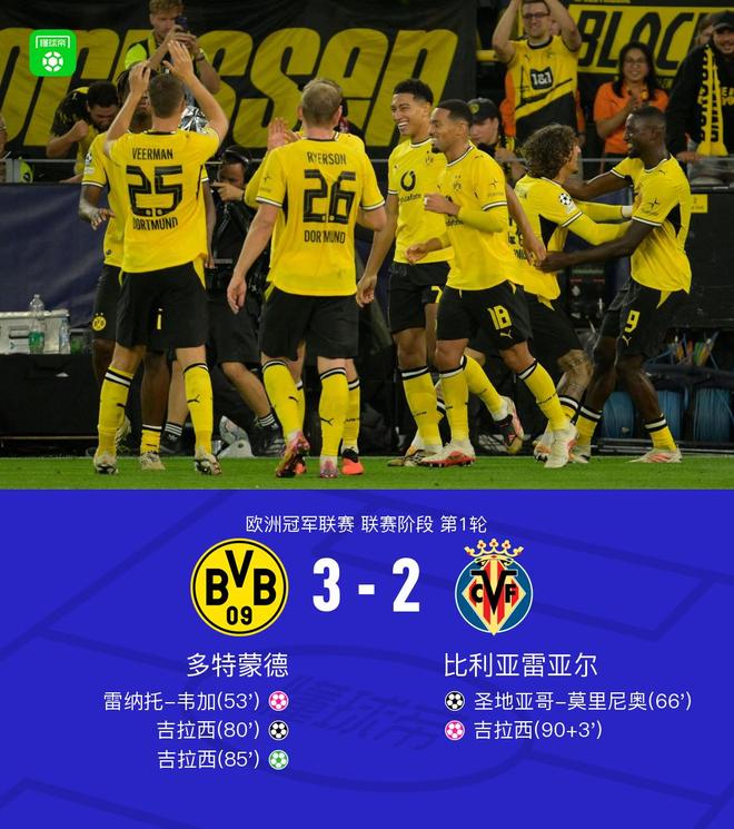 多特蒙德3-2比利亚雷亚尔，吉拉西梅开二度+自摆乌龙